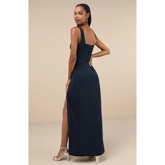 Lulus Glamorous Disposition Navy Ruched Maxi Dress Formal Evening Large NWT - Picture 2 of 12